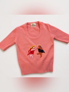 Kingsley Vintage Hula Ladies Pink Embroidered Short-Sleeve Sweater 16x20